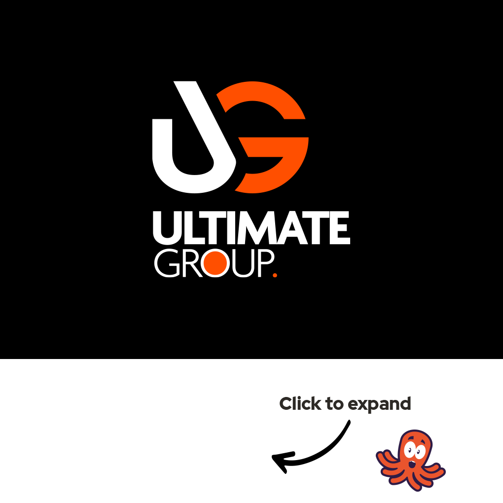 Feature-Img4-template_v2-1020x1020px Ultimate Group Logos on white and black background featuring Inky cartoon character developed alongside the UG branding for use in certain marketing communications