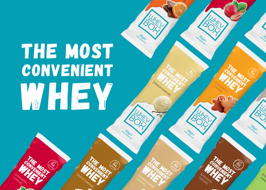Whey-box-sachet range. Whey Box - Sample of single serving sachet range.