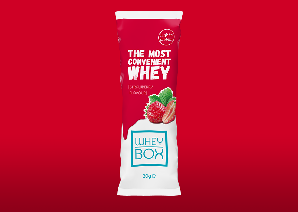 Whey Box - Strawberry flavour single serving 30g sachet.