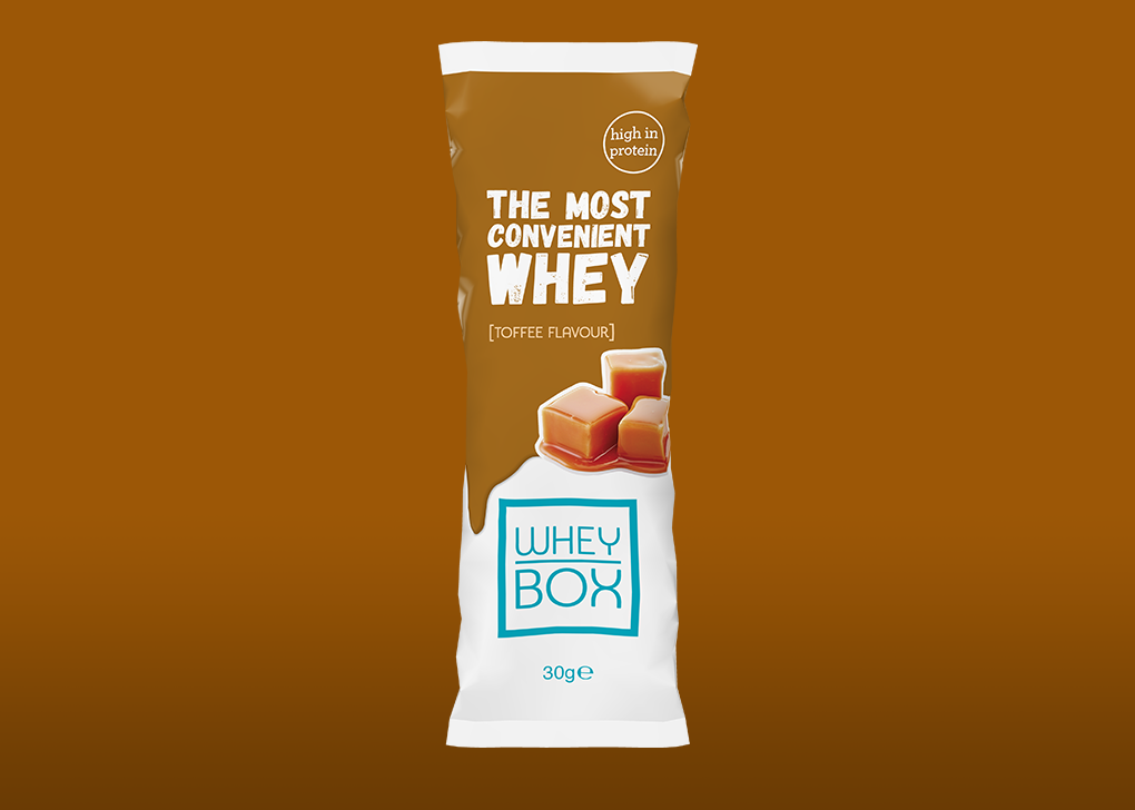 Whey Box - Toffee flavour single serving 30g sachet.