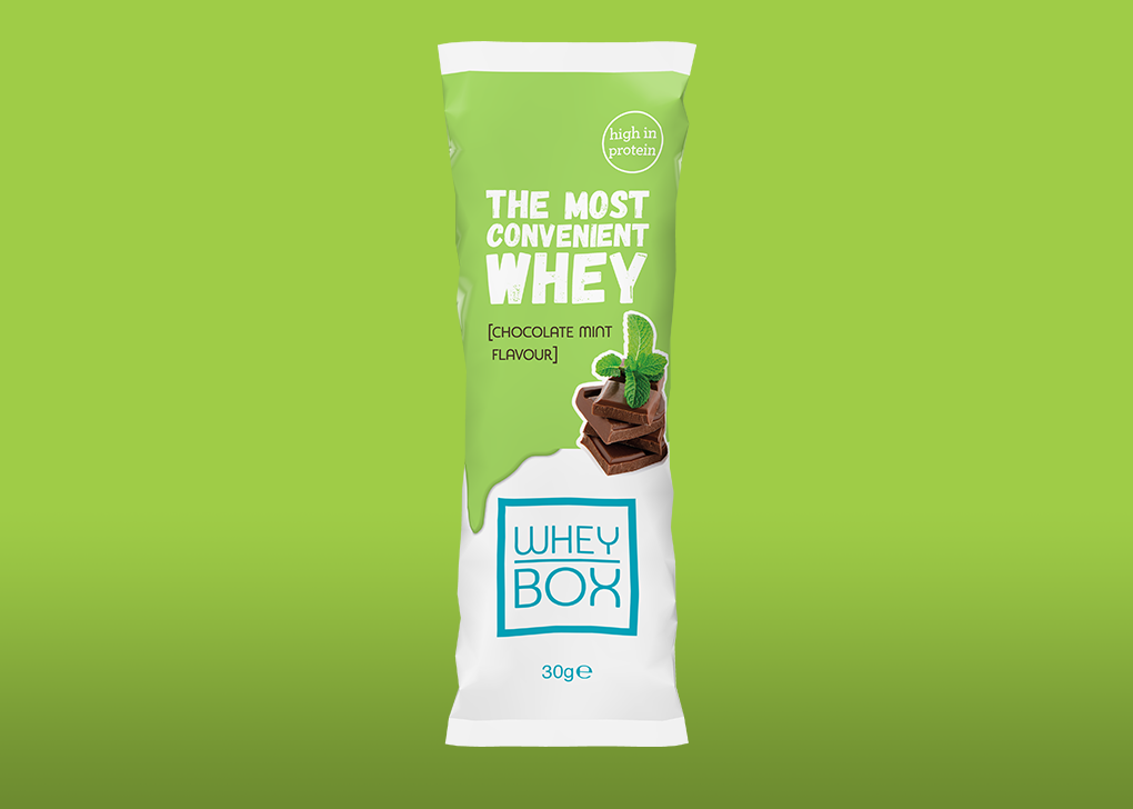Whey Box - Chocolate Mint flavour single serving 30g sachet.