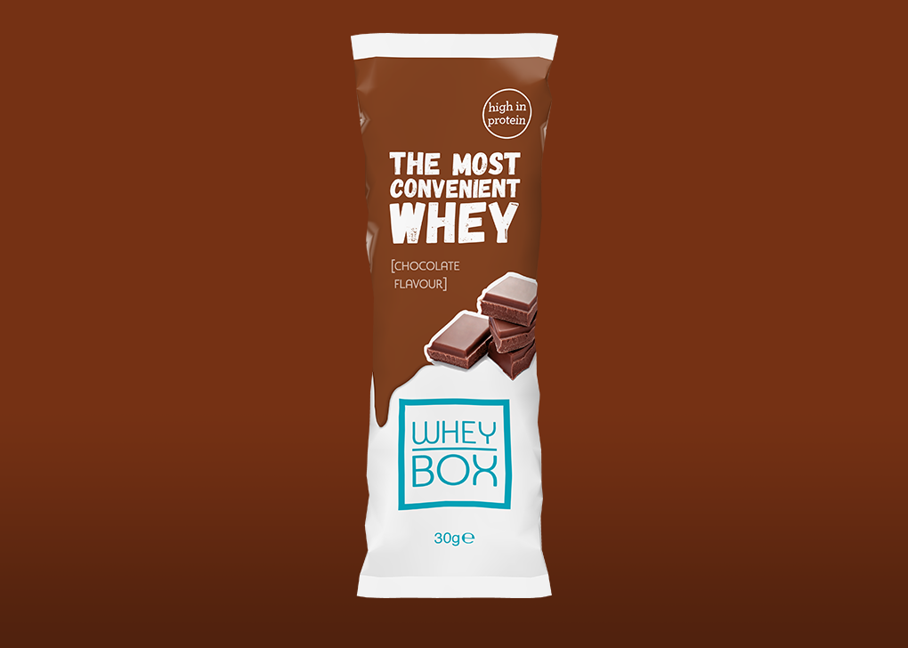 Whey Box - Chocolate flavour single serving 30g sachet.