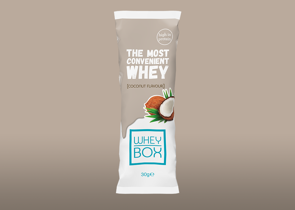 Whey Box - Coconut flavour single serving 30g sachet.