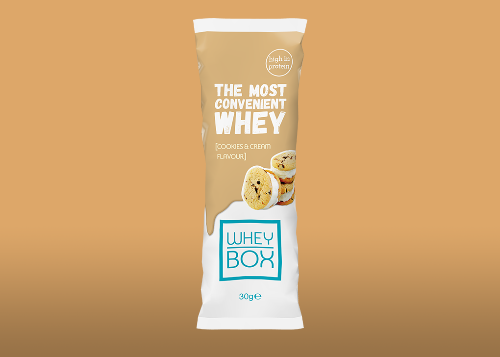Whey Box - Cookies & Cream flavour single serving 30g sachet.