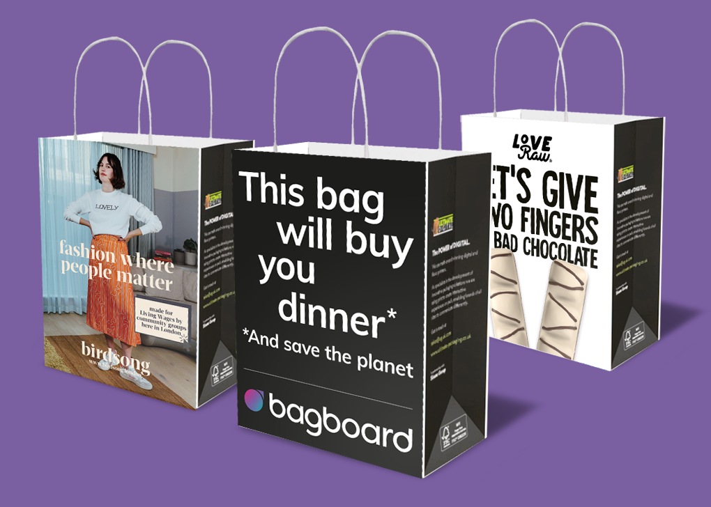 Bagboard-feature-image-3 3D visual of 3 Bagboard bags on a purple background featuring advertisements for Birdsong, Bagboard and Love Raw