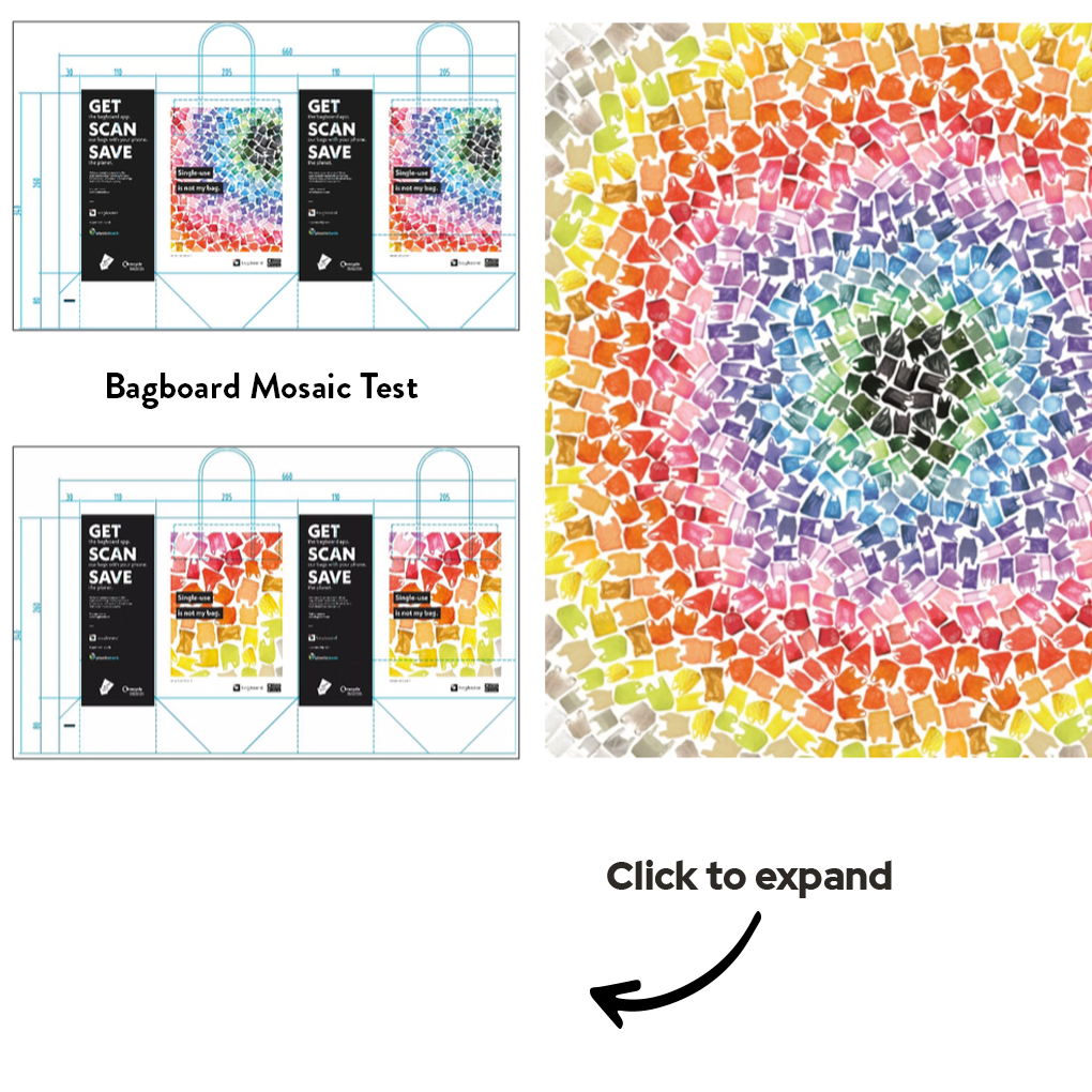 Bagboard-feature-image-4 Image of Mosaic artworks and seed file made up of images of single use plastic bags in a rainbow of colours