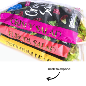 Joe's Pride Salad Bags pack shot of stacked Crispy, Europa and Premium Leaf packs with click to expand arrow for Zenith Nurseries