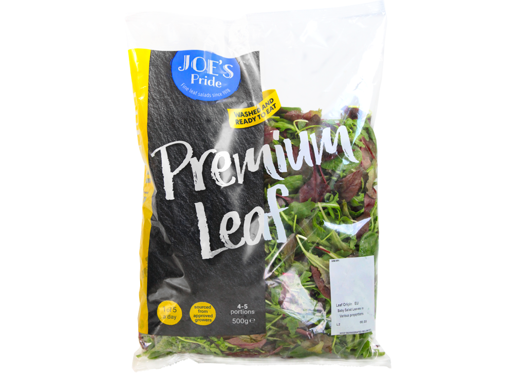 Pack shot with transparency of Joe's Pride Premium Leaf catering size salad bag new brand of washed and ready to eat salads for Zenith Nurseries